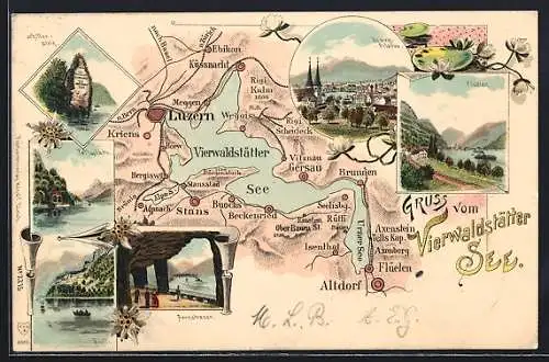 Lithographie Luzern, Panorama mit Pilatus, Landkarte der Region Vierwaldstättersee, Schillerstein