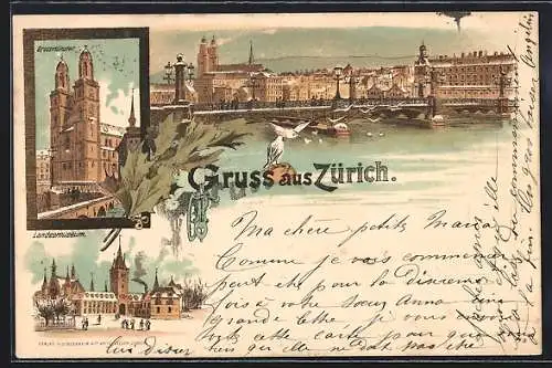 Lithographie Zürich, Landesmuseum, Grossmünster, Panorama