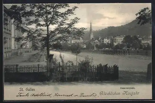 AK St. Gallen, Kasernenplatz mit Blick zur Kirche