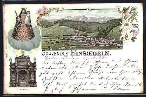 Lithographie Einsiedeln, Gnadenaltar, Ortsansicht mit Umgebung