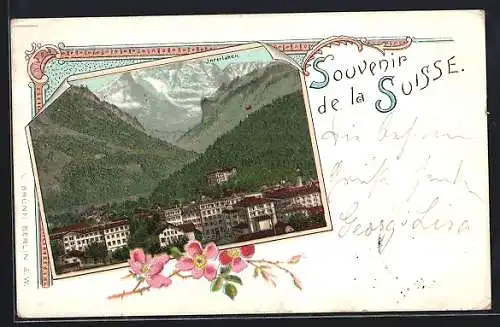 Lithographie Interlaken, Teilansicht gegen die Jungfrau