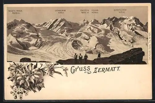 Lithographie Zermatt, Bergpanorama mit Monte Rosa, Lyskamm, Castor