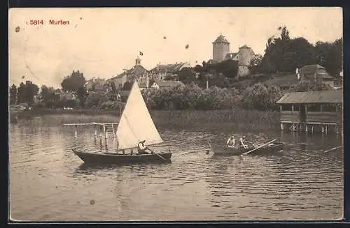 AK Murten, Uferpartie mit Booten