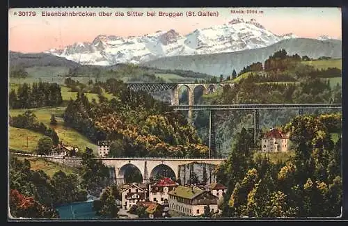 AK Bruggen /St. Gallen, Eisenbahnbrücken über die Sitter, Im Hintergrund Säntis