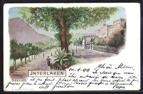 Lithographie Interlaken, Höheweg mit Passanten