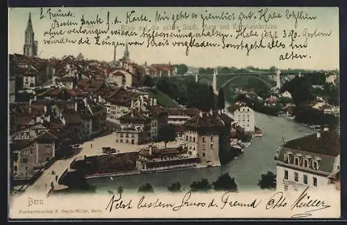 AK Bern, Blick auf die untere Stadt, Aare und Kornhausbrücke