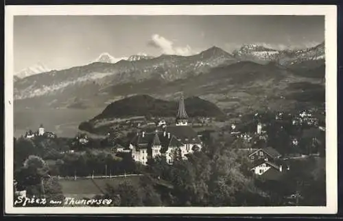 AK Spiez am Thunersee, Panorama mit Kirche