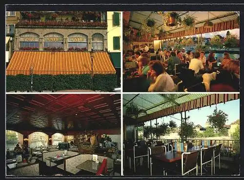 AK Zürich, Cafe Aquarium, Terrasse mit Blick auf Limmat und Sternwarte, Innenansicht