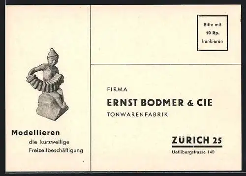 AK Zürich, Firma Ernst Bodmer & Cie, Tonwarenfabrik, Uetlibergstrasse 140, Junge mit Ziehharmonika