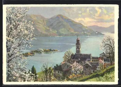 Künstler-AK Ronco-s-Ascona, Panorama mit Kirche