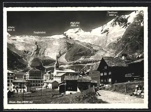 AK Saas-Fee, Ortspartie mit Feegletscher, Alphubel und Täschhorn