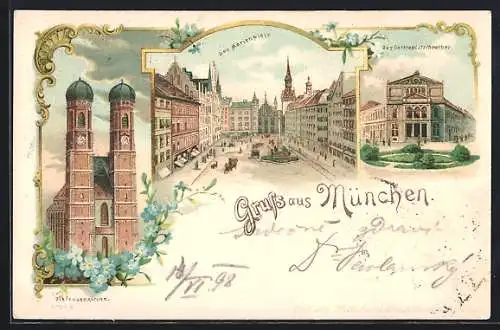 Lithographie München, Marienplatz, Gärtnerplatztheater, Frauenkirche