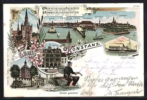 Lithographie Konstanz, Ortsansicht, Lied, Dampfschiff, Münster, Schnetzthor, Fischer, Rathaus