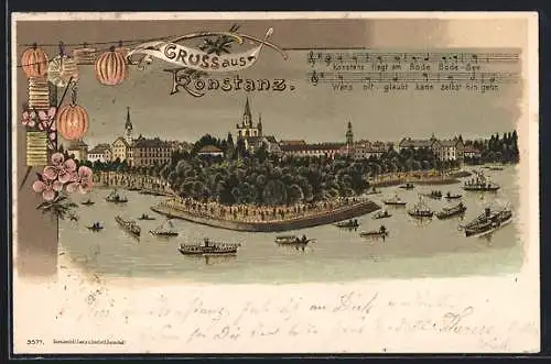 Lithographie Konstanz, Ortsansicht mit Booten auf dem See