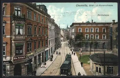 AK Chemnitz, Blick in die Kronenstrasse, Strassenbahn