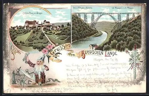 Lithographie Solingen, Schloss Burg, Kaiser Wilhelm-Brücke, Zwerg mit Schmiedewerkzeug