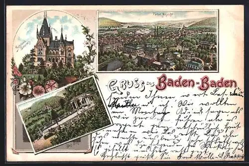 Lithographie Baden-Baden, Totalansicht, Schloss Soloms, Das Echo