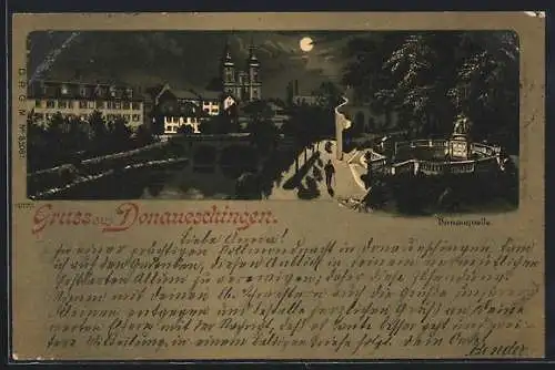 Lithographie Donaueschingen, Die Donauquelle bei Nacht