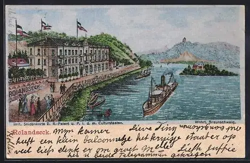Seiden-Imitations-AK Rolandseck, Hotel Rolandseck, Dampfer auf dem Rhein