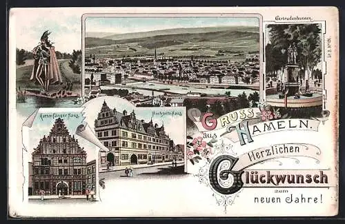 Lithographie Hameln, Gesamtansicht, Gertrudenbrunnen, Rattenfängerhaus