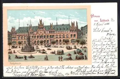 Lithographie Lübeck, Postgebäude mit Brunnen