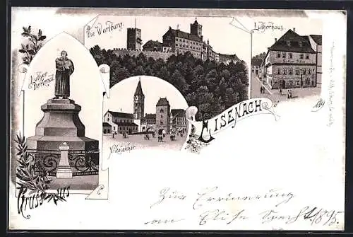 Lithographie Eisenach, Wartburg, Lutherhaus, Luther-Denkmal