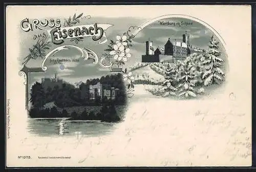 Lithographie Eisenach, Fritz Reuthers Villa und Wartburg im Schnee bei Mondschein