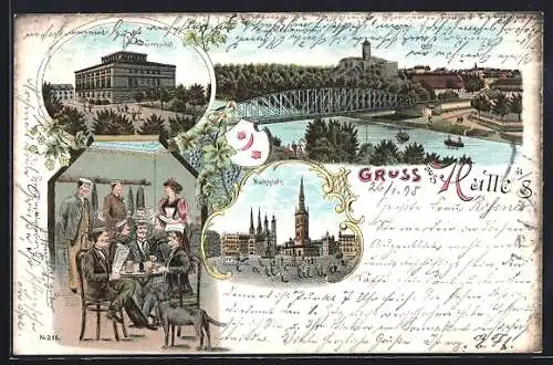 Lithographie Halle / Saale, Burg Giebichenstein, Universität, Marktplatz