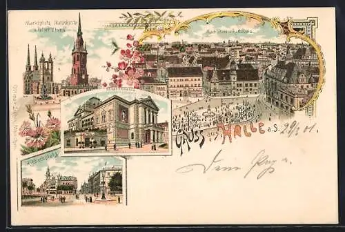 Lithographie Halle a. S., Marktplatz und Rathaus, Stadt-Theater, Riebeckplatz