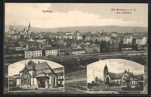 AK Bad Homburg, Bahnhof, Gesamtansicht mit Saalburg