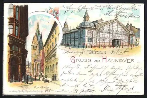 Lithographie Hannover, Markthalle und Marktkirche