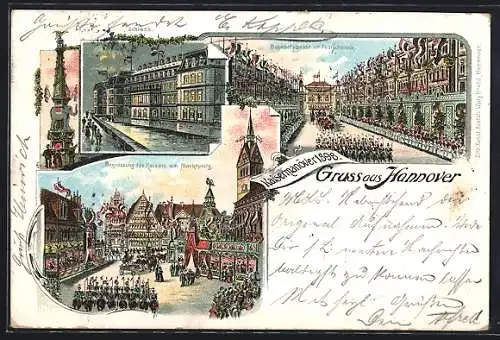 Lithographie Hannover, Bahnhofstrasse im Festschmuck, Begrüssung des Kaisers am Marktplatz, Schloss