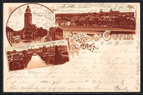 Lithographie Gotha, Neumarkt mit St. Margarethen Kirche, Orangerie