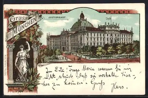 Lithographie München, Justizpalast mit Strassenpartie, Justitia