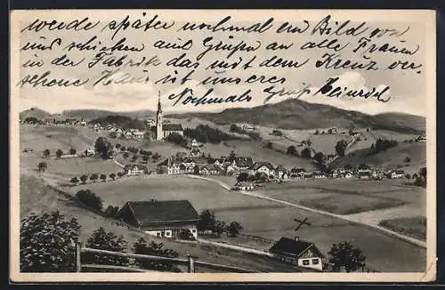 Künstler-AK Kimratshofen i. Allgäu, Teilansicht mit Kirche