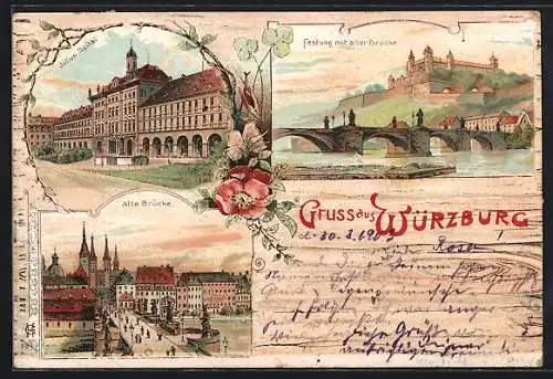 Lithographie Würzburg, Julius Spital, Alte Brücke, Festung, florale Ornamente