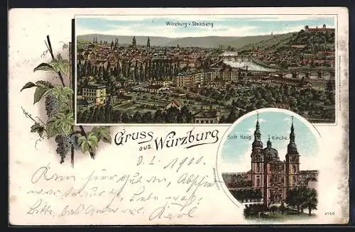 Lithographie Würzburg, Blick zum Ort vom Steinberg, Stift Haug Kirche