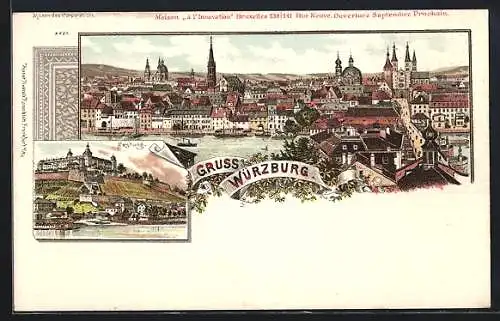 Lithographie Würzburg, Teilansicht mit Kirche, Festung