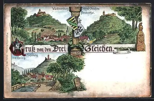 Lithographie Wachsenburg, Schloss Gleichen und die Mühlburg