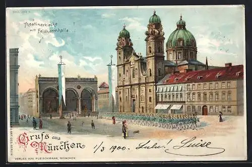 Lithographie München, Theatinerkirche mit Feldherrnhalle