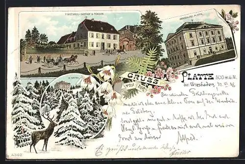 Lithographie Wiesbaden, Gasthof Pension Forsthaus, Jagdschloss Platte im Winter, Hirsch, Pferdekutsche