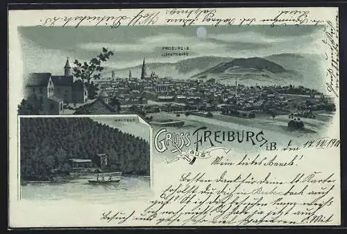 Mondschein-Lithographie Freiburg i. B., Teilansicht vom Lorettoberg aus, Waldsee