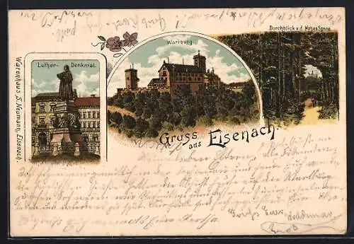 Lithographie Eisenach, Wartburg, Luther-Denkmal, Durchblick v. d. Hohen Sonne