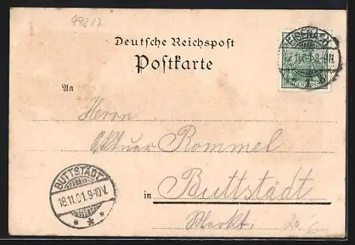 Lithographie Eisenach, Wartburg, Luther-Denkmal, Durchblick v. d. Hohen Sonne