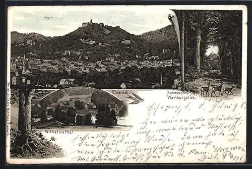 Vorläufer-Lithographie Eisenach, 1895, Teilansicht, Hohesonne-Wartburgblick, Wilhelmsthal