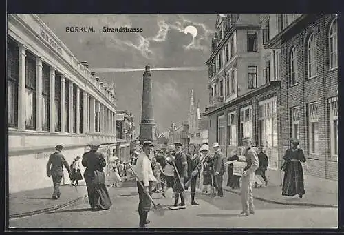 AK Borkum, Strandstrasse mit Leuchtturm bei Mondschein