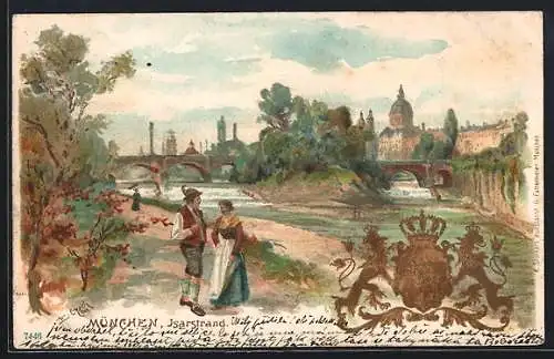 Lithographie München, Spaziergänger am Isarstrand