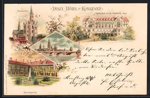 Lithographie Konstanz, Insel-Hotel, Münster, Kreuzgang