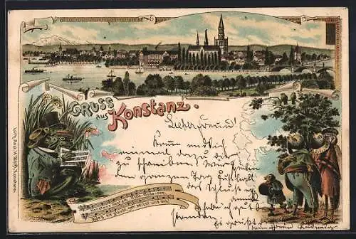 Lithographie Konstanz, Vermenschlichte Frösche und Vögel mit Stadtpanorama