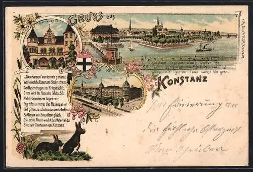 Lithographie Konstanz, Rathaushof, Bahnhof, Kais. Oberpostdirection, Hafenansicht, Hase